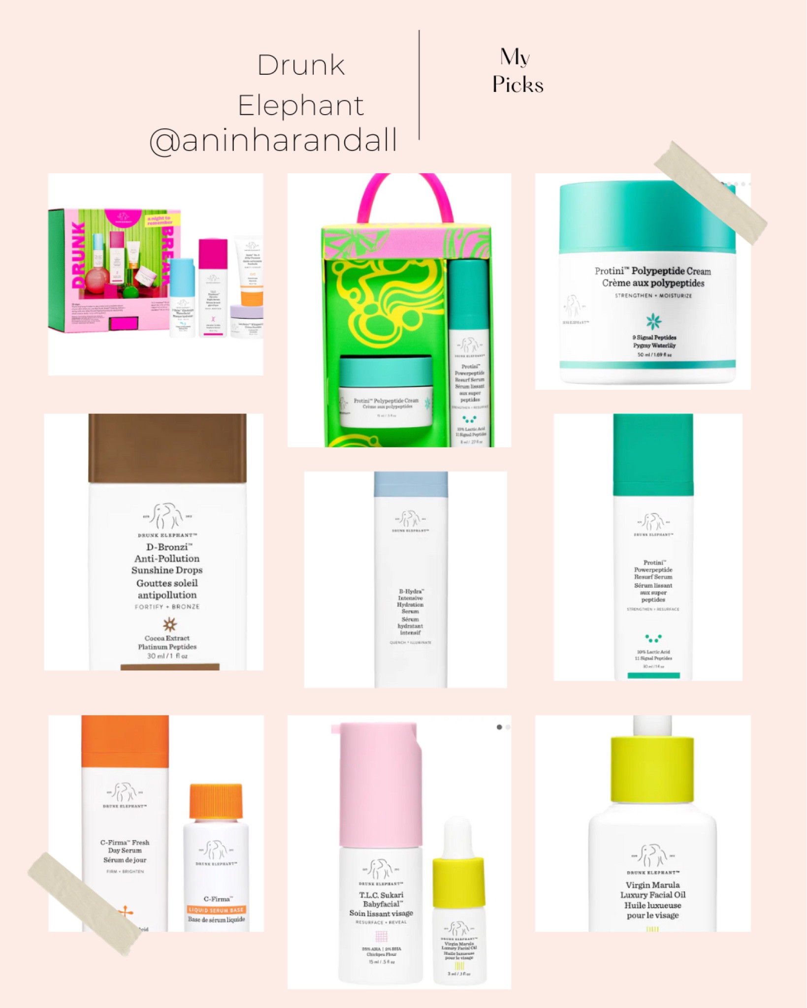 Drunk elephant picks, oil, bronzing drops, moisturizer, cleanser, baby facial 

#LTKunder100 #LTKunder50 #LTKbeauty