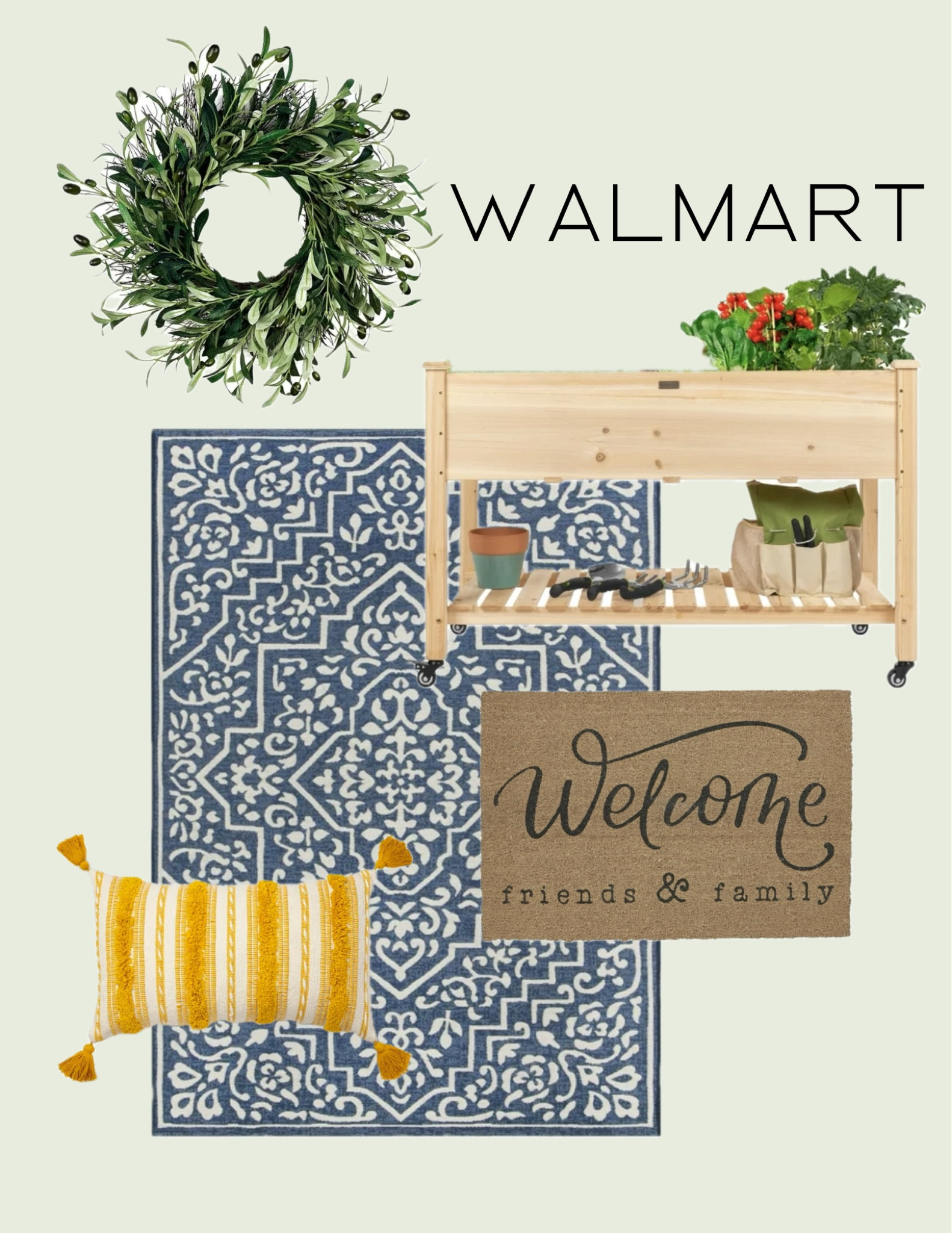 Walmart finds. 

Wreath, rug, welcome mat, pillow, planter box cart. 

Perfect for Spring 

#LTKSeasonal #LTKstyletip #LTKhome