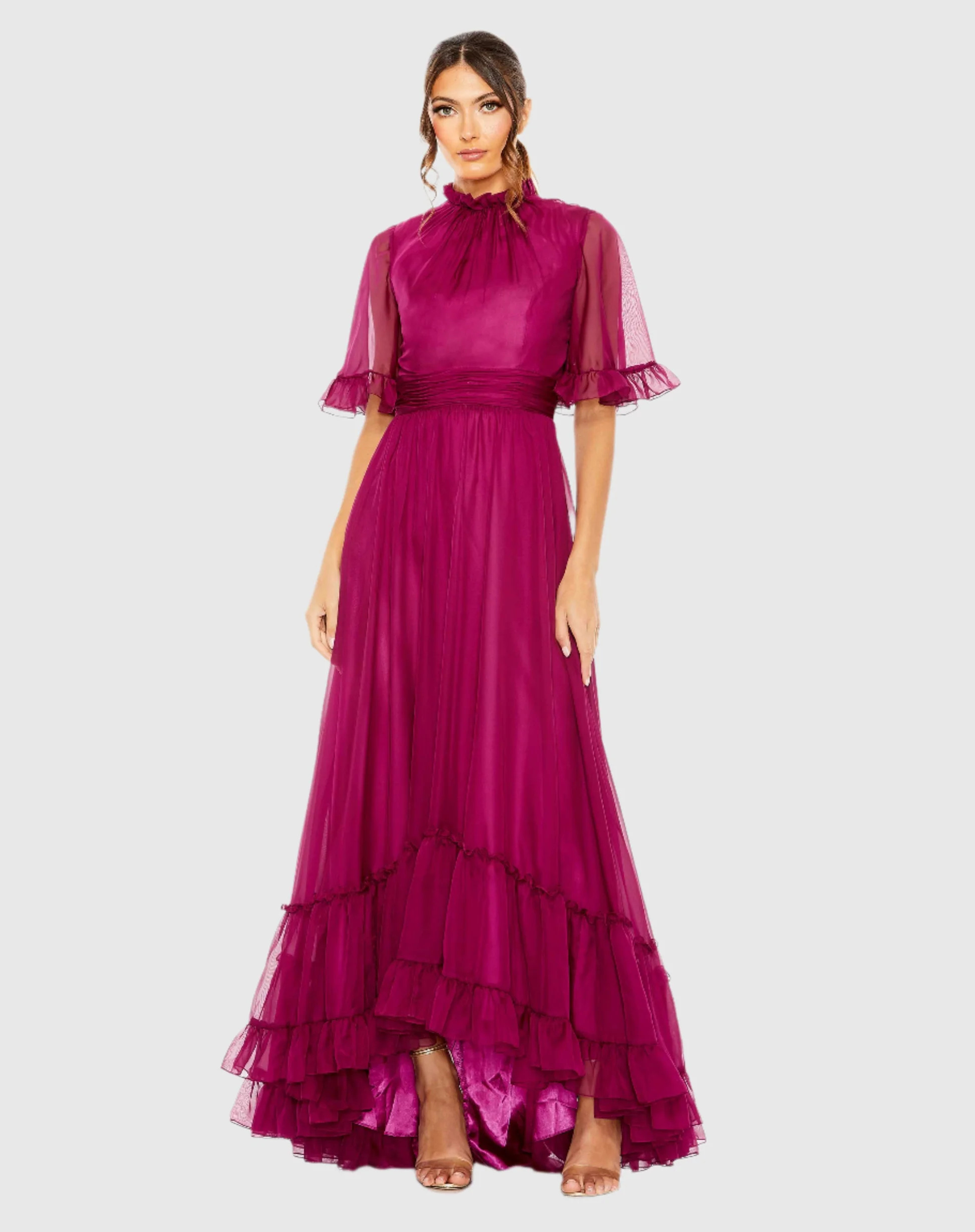 Purple Ruffled Mock Neck Flutter Sleeve High Low Hem Gown - Mac Duggal | Mac Duggal
