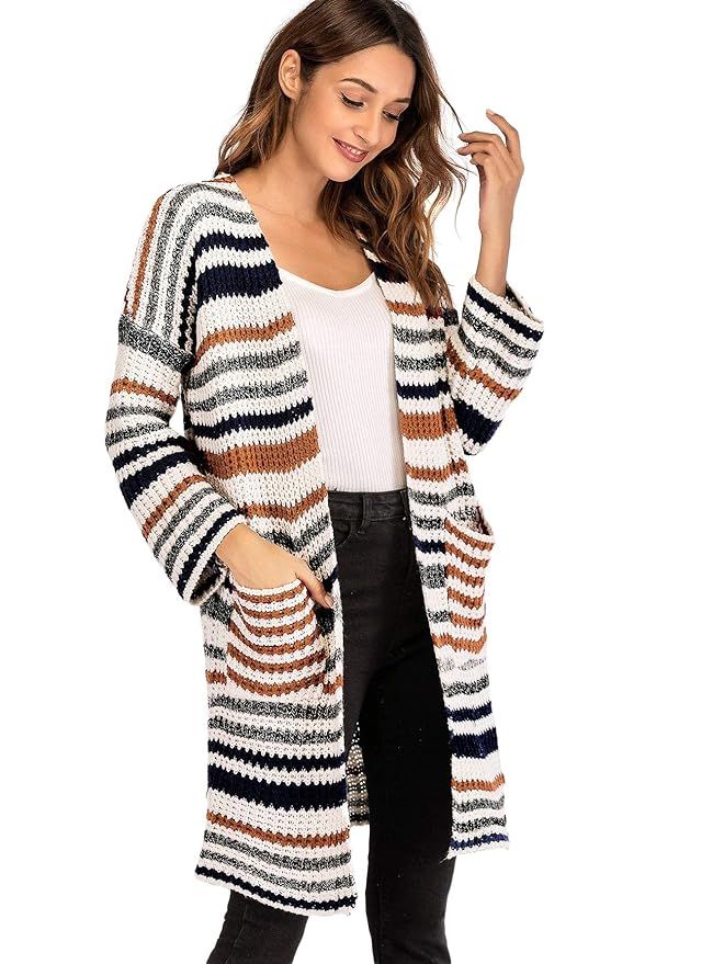 Milumia Striped Warm Cardigan Long Sleeves Open Front Sweater Fall Winter Basic Lightweight Outwe... | Amazon (US)