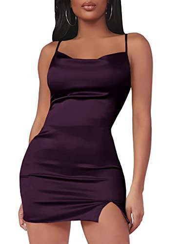 LYANER Women's Satin Silk Spaghetti Strap Slit Bodycon Sleeveless Mini Dress Dark Purple Medium | Amazon (US)