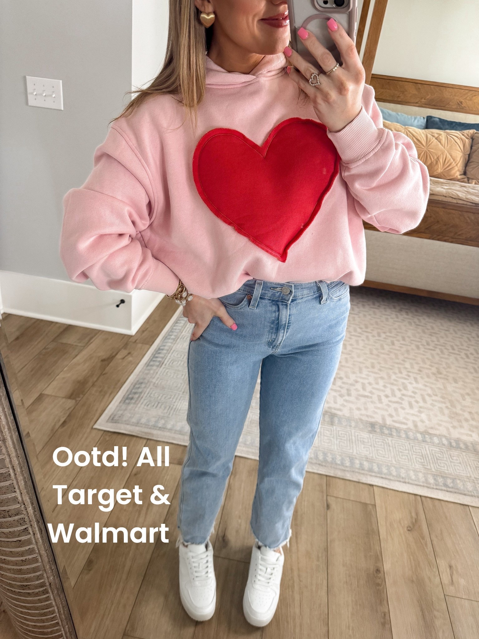 Today’s OOTD = comfy, cute, and totally affordable ❤️
This sweet Target heart hoodie is giving all the cozy Valentine vibes and pairs perfectly with my go-to Walmart straight-leg jeans and everyday Walmart sneakers. The soft pink + bold heart detail makes this outfit feel fun but still easy for real life — think school drop-off, errands, coffee runs, or casual weekend plans.

I love mixing Target style finds with Walmart fashion basics to create outfits that look elevated but stay budget-friendly. This combo is such a good example of how you can build a cute, wearable look with pieces you’ll reach for on repeat.

If you’re searching for a cute Valentine outfit idea, a casual heart sweatshirt look, or an affordable everyday outfit, this one is a win 💘

#ootd #valentinesoutfit #hearthoodie #targetstyle #targetfinds #walmartfashion #walmartjeans #walmartsneakers #casualoutfitideas #everydayoutfit #affordablefashion #budgetfriendlystyle #momstyle #weekendoutfit #schooldropoffstyle #pinkoutfit #cozychic #ltkstyle #ltkfashion #reallifeoutfit