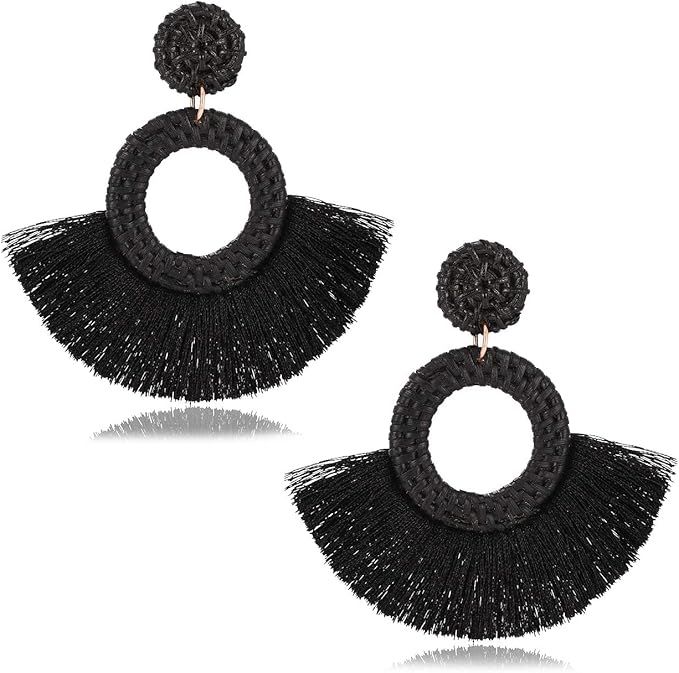 Rattan Earrings For Women Bohemia Fan Tassel Earrings Handmade Weave Straw Wicker Drop Hoop Earri... | Amazon (US)