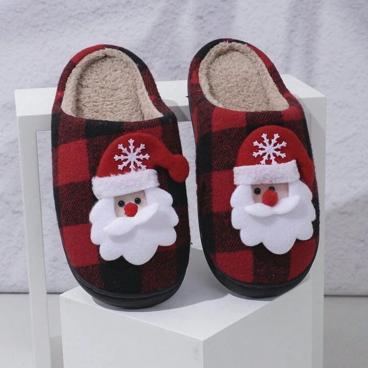Women's Red Fashion Minimalist Christmas Santa Claus Print Decorated Round Toe Slip-On Warm Lined... | SHEIN