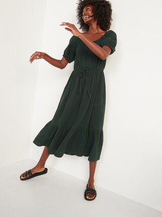 Puff-Sleeve Scoop-Neck Waist-Defined Midi Dress for Women | Old Navy (US)