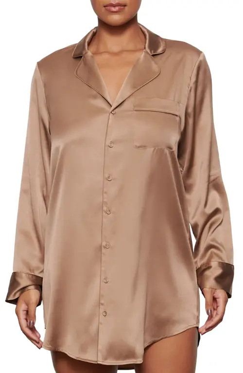SKIMS Stretch Silk Button-Up Night Dress in Sienna at Nordstrom, Size X-Large | Nordstrom