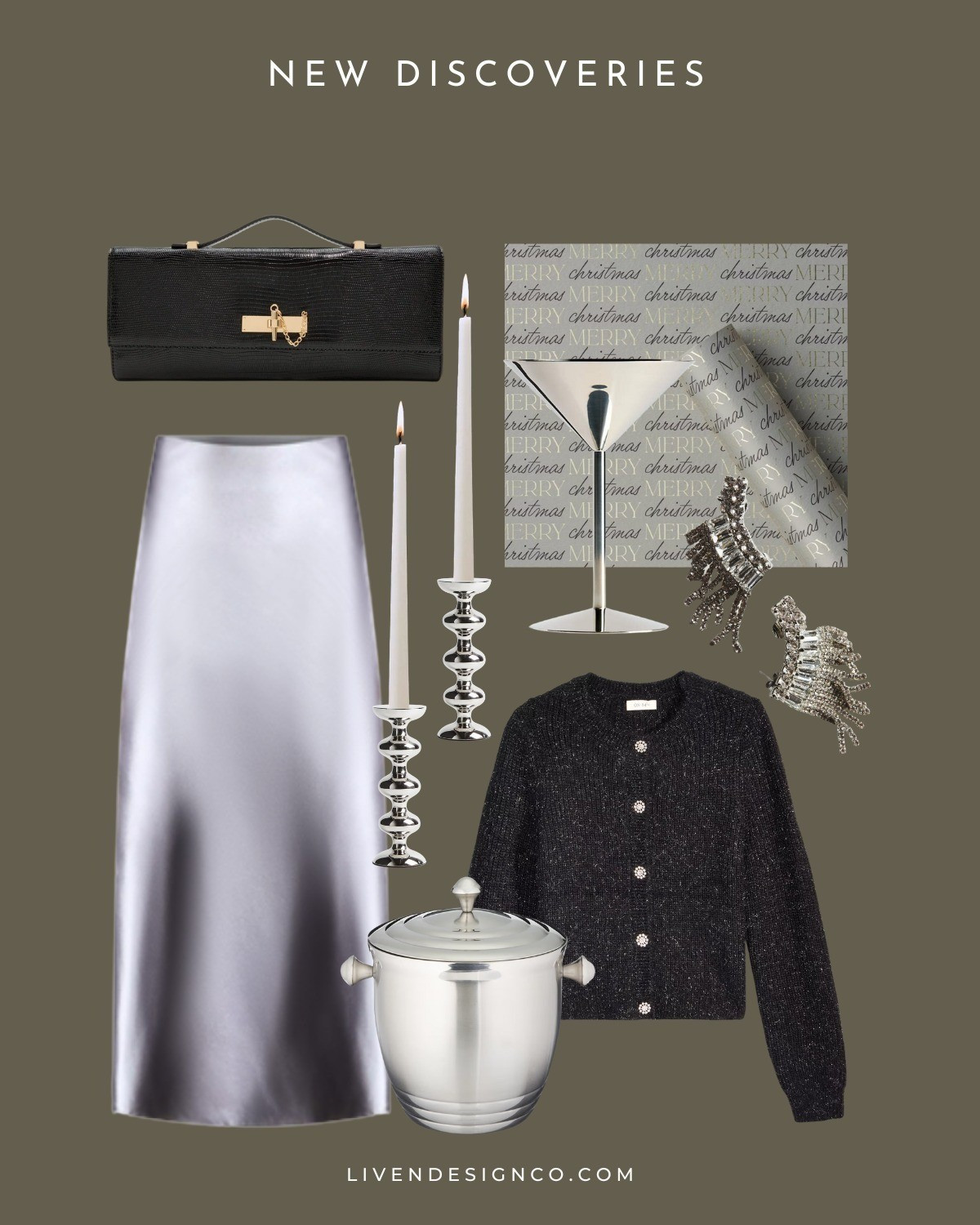 New discoveries. Holiday style. Satin skirt. Holiday party. Metallics. Black handbag. Holiday gift wrap. Wrapping paper. Party cardigan. Festive sweater. Sparkle sweater. Silver candle holders. Silver martini glasses. Statement earrings. Ice bucket. Home bar. 

#LTKHoliday #LTKSeasonal #LTKSaleAlert