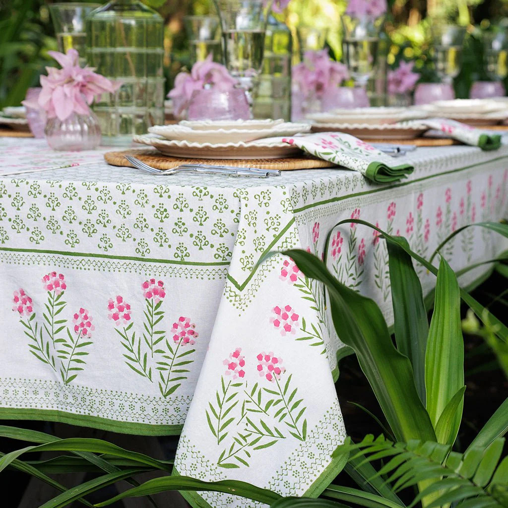 Phlox Pink Floral Tablecloth | Hand-Printed Cotton Table Linens | Pomegranate