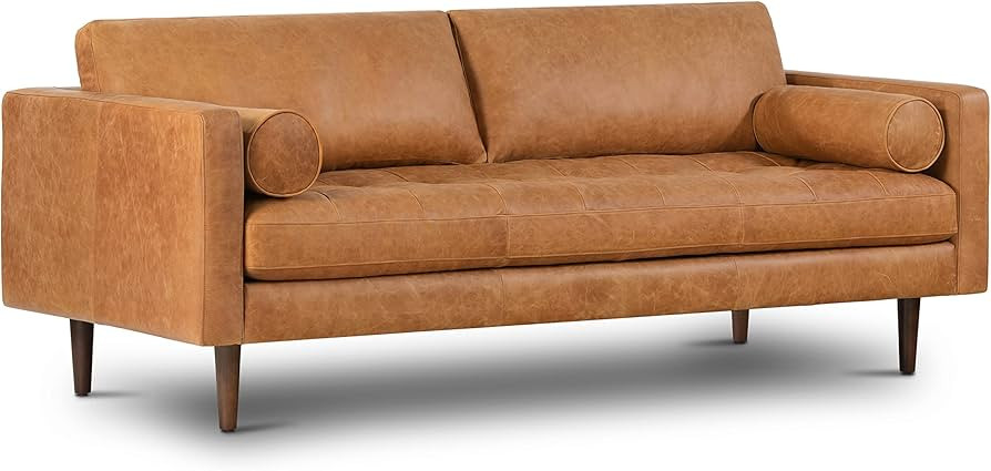 POLY & BARK Cognac Tan Brown Leather Couch - 88.5" Mid Century Leather Sofa with 2 Bolsters - Ful... | Amazon (US)