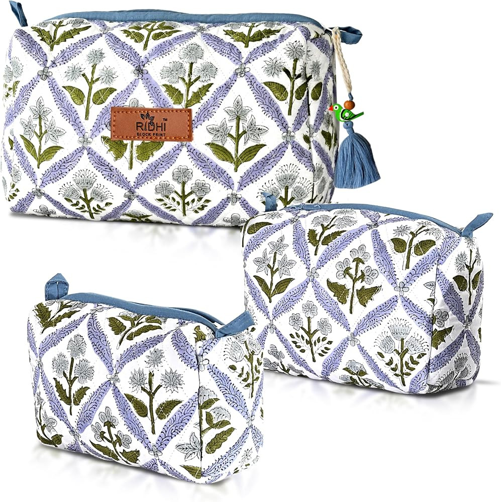 Ridhi Light Steel Blue Hand Block Printed Floral Toiletry Bag For Women 100% Cotton Quilted Set o... | Amazon (US)