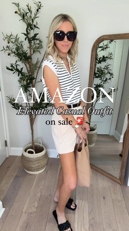 Amazon Elevated Casual Outfit 🚨on sale! This knit sweater tank is a fave of mine! 🤌🏻 I’m wearing white in size small. 20 colors available! Such a comfy, versatile basic for summer! These elastic high waisted trouser shorts are so chic and on trend, yet comfortable for all day wear! Wearing beige in small. 10 colors available and on sale for $30! This reversible belt is the best designer look for less! Waist sizes available from 26”-50” and multiple colors available. Sandals are so comfy and fit tts.

Summer outfit, knit tank, sweater vest, trouser shorts, workwear inspo, work outfit, Amazon outfit, Amazon fashion, casual chic, neutral outfit, easy outfit, daily outfit 

#LTKWorkwear #LTKFindsUnder50 #LTKVideo