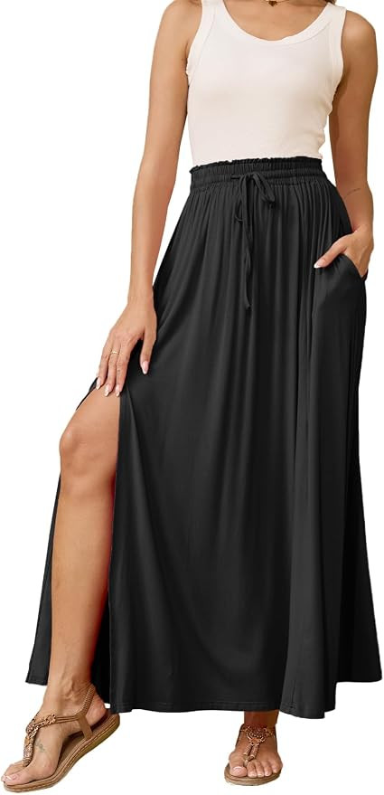 HERBATOMIA Women’s Maxi High Elastic Waisted Skirt Flowy A-Line Split Hem Beach Long Skirts for... | Amazon (US)
