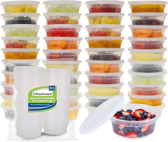 Freshware Food Storage Containers [50 Set] 8 oz Plastic Deli Containers with Lids, Slime, Soup, M... | Amazon (US)