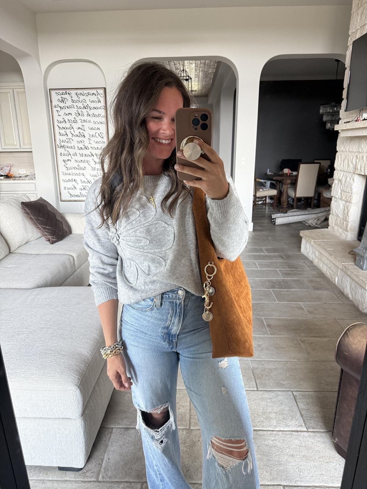 The little details on this sweater are SO good! The raised floral design, distressed denim + suede bag make such a cute fall combo.
floral sweater, grey sweater, fall sweater, textured sweater, distressed jeans, suede shoulder bag, casual fall outfit, fall fashion, everyday fall style, neutral outfit, fall outfit ideas, JulieFranks