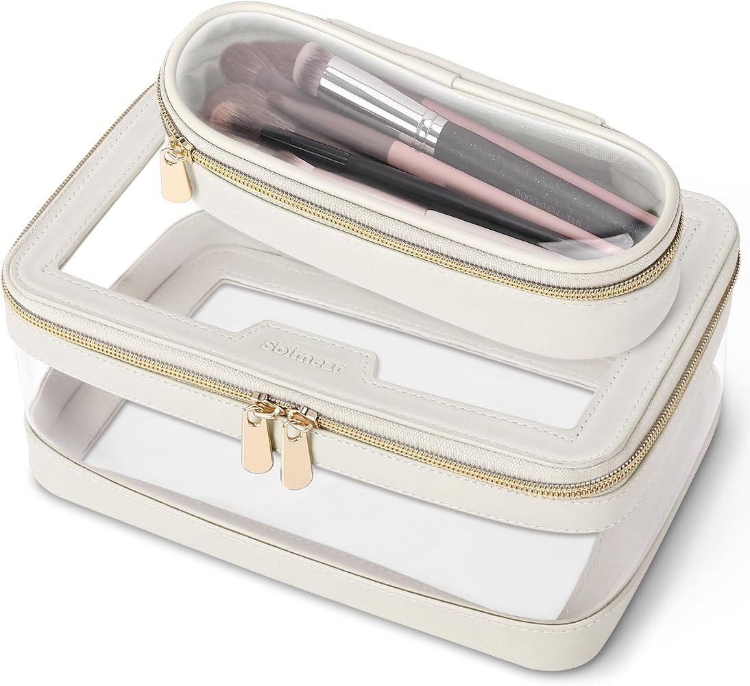 Soimeat Travel Clear Makeup Bag with Makeup Brush Bag, Leather Make up Case Toiletry Bag, Portabl... | Amazon (US)