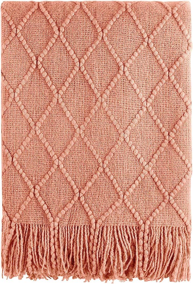 Bourina Coral Throw Blanket Textured Solid Soft Sofa Couch Decorative Knit Blanket, 50" x 60", Co... | Amazon (US)