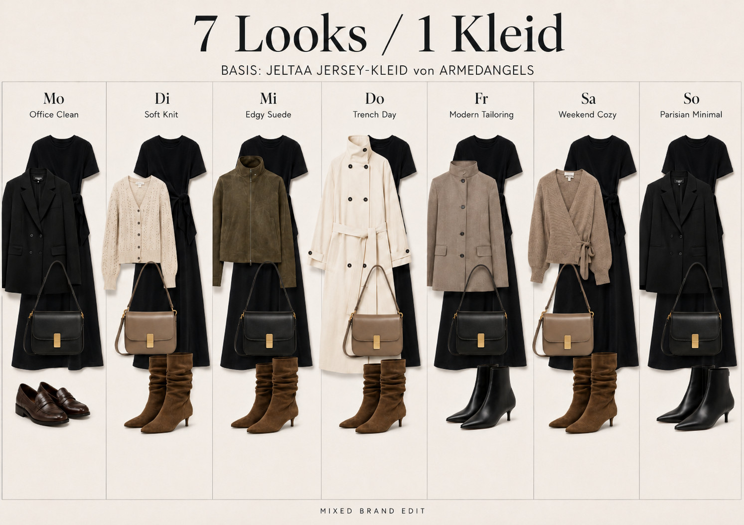 7 Looks auf Basis eines einzigen Kleides. Dieses umweltschonender produziert von Armedangels. 
Erhalte -15% Rabatt mit diesem Code:  THEGENTLEWARDROBE_15
(Gültig bis zum 08.09.2026)