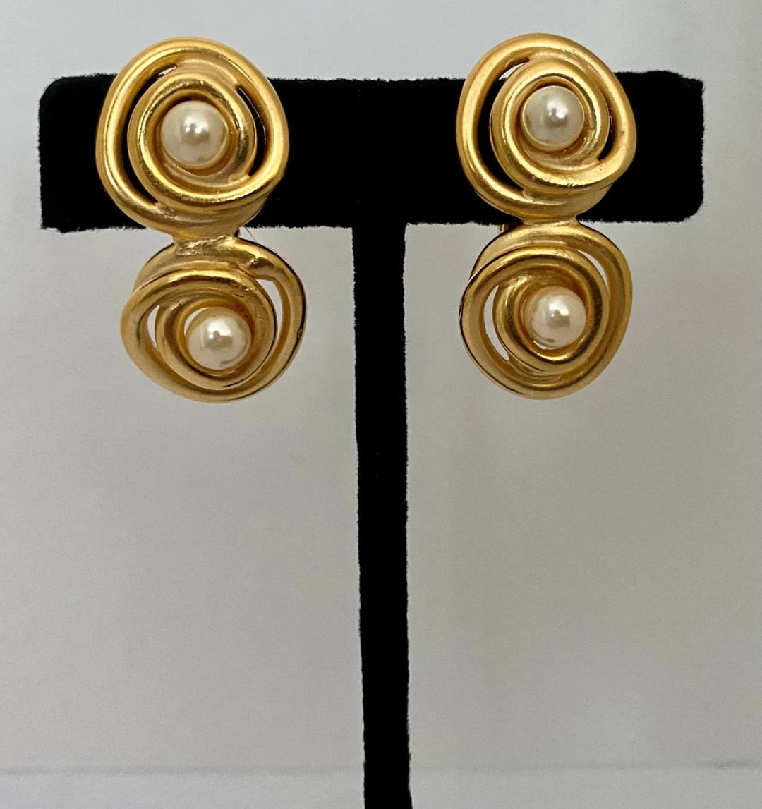 Made in USA Norma Jean Designs Vintage Clip Matte Gold Earrings With 2 Pearls. - Etsy | Etsy (US)