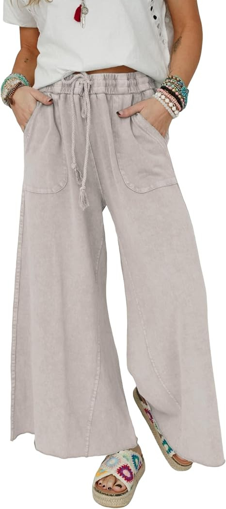 Athlisan Womens Wide Leg Sweatpants Acid Wash Drawstring Waist Cropped Pants Casual Baggy Palazzo... | Amazon (US)