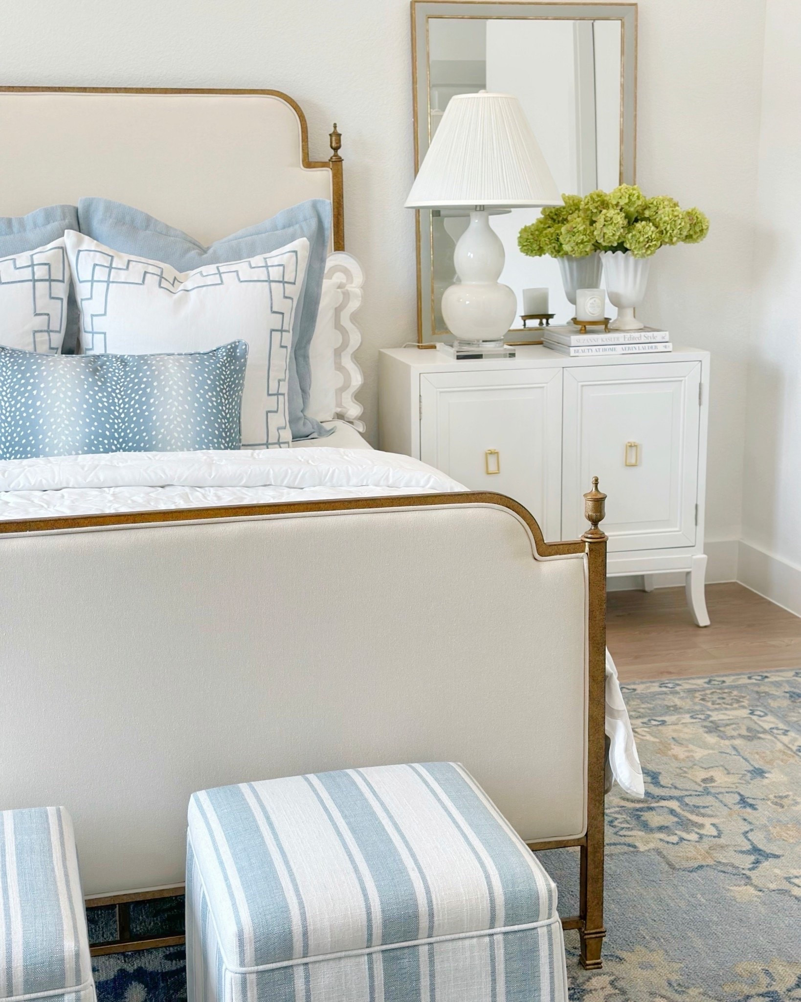 Blue wool rug and bed on sale 🎉 Bedroom decor, nightstand styling, timeless classic chic traditional home decor scalloped bedding white nightstand cabinet pleated lamp shade gourd lamp skirted ottoman day in my life ootd grwm