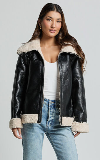 Willa Jacket - Faux Leather Shearling Aviator Jacket in Black | Showpo (US, UK & Europe)