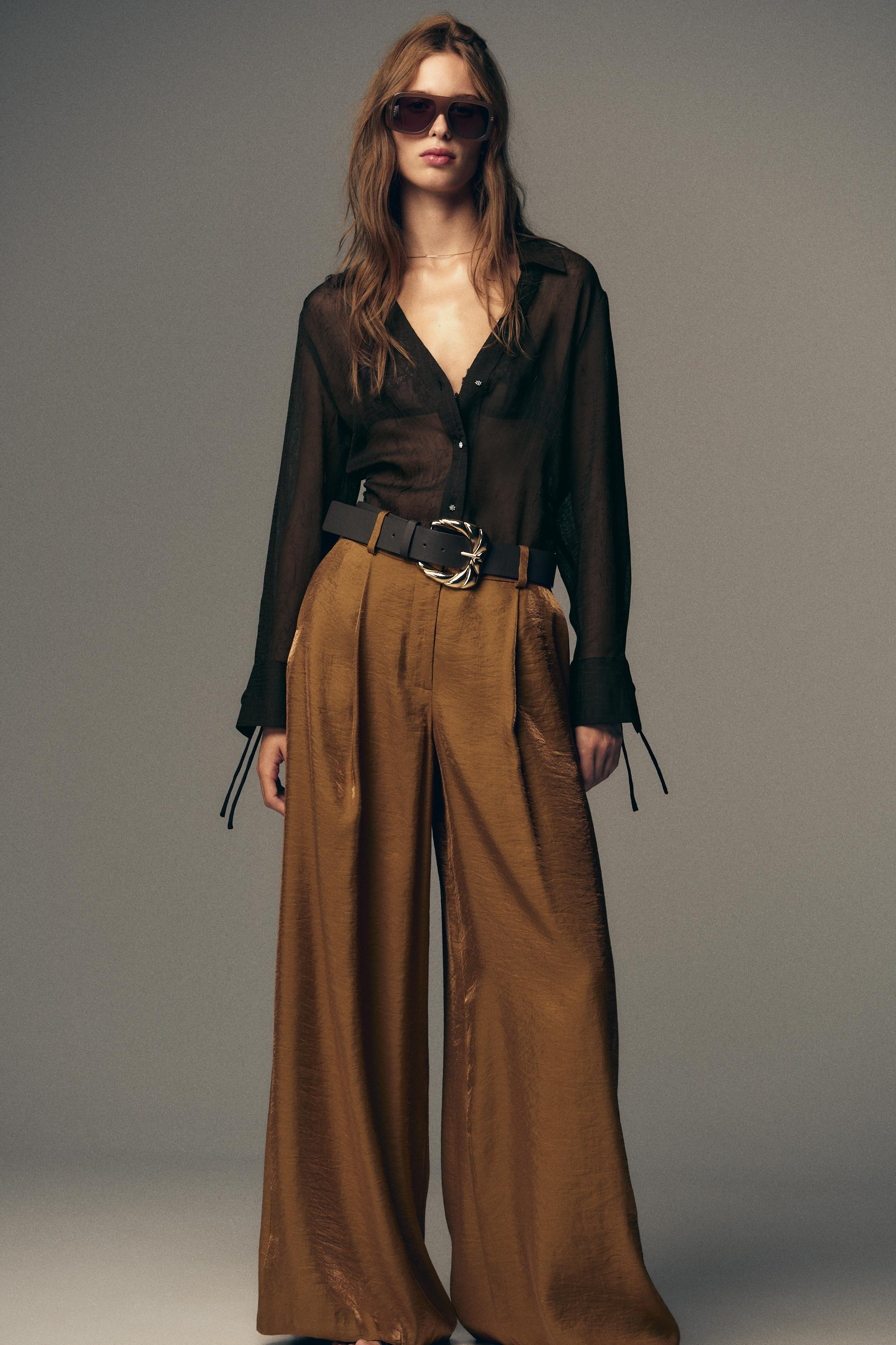 SATIN WIDE LEG BELTED PANTS | Zara US