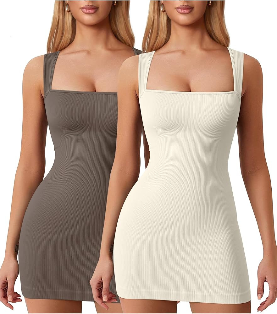 OQQ Women's 2 Piece Mini Dresses Sexy Ribbed Strappy Square Neck Tank Tops Mini Dress | Amazon (US)
