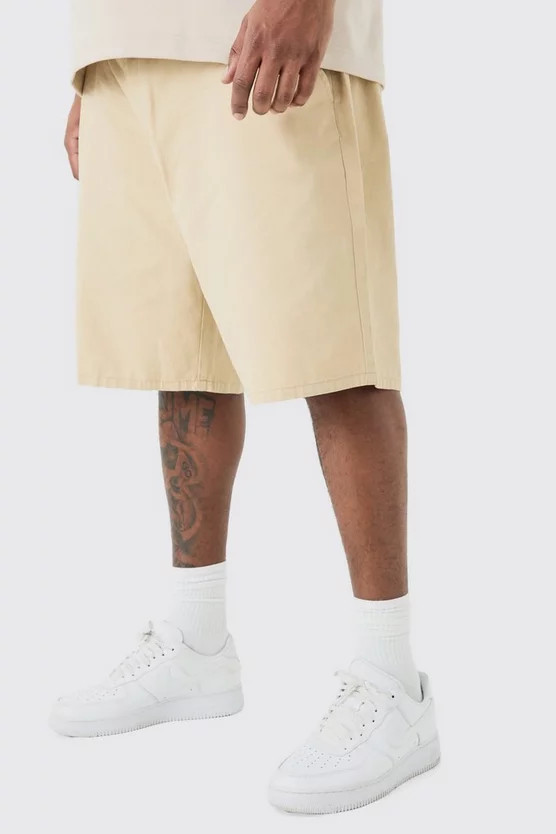 Plus Fixed Waist Relaxed Fit Shorts In Stone | boohooMAN (US & Canada)