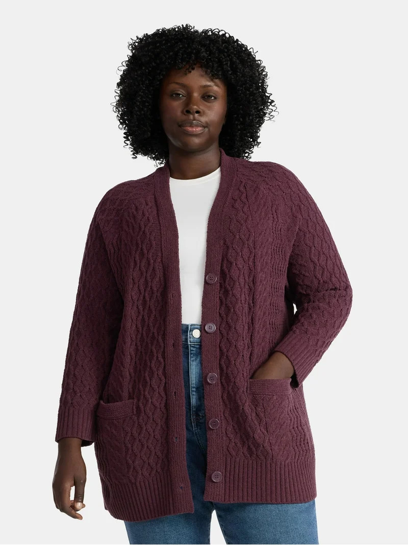 Terra & Sky Women’s Plus Chenille Boyfriend Cardigan Sweater, Midweight, Sizes 0X-4X | Walmart (US)