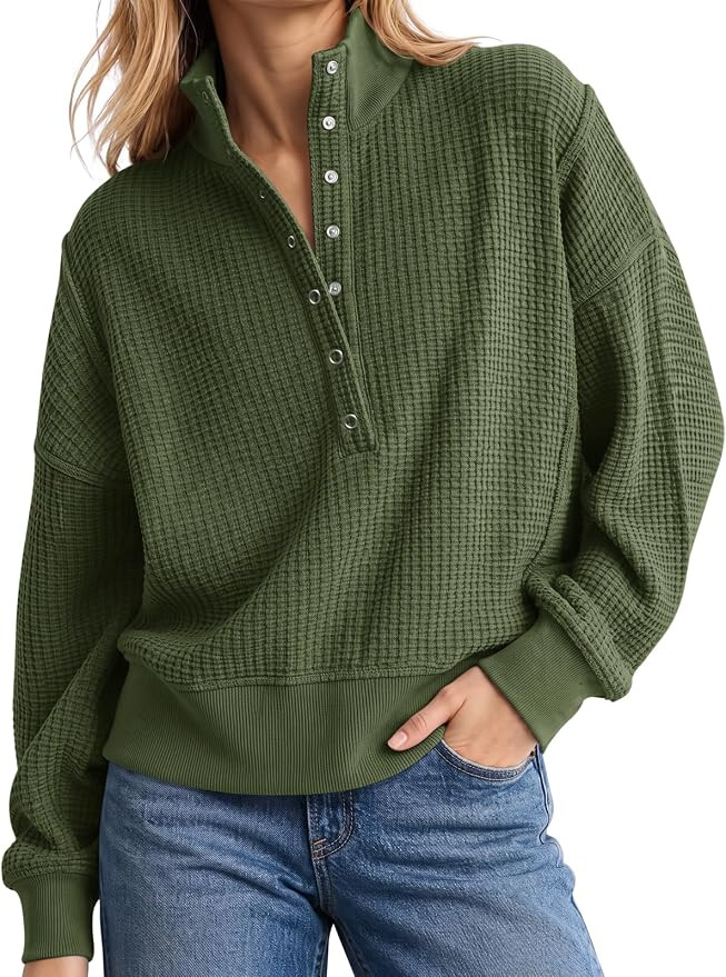 Fisoew Womens Sweatshirt Waffle Knit Oversized Button Henley Pullover Tops | Amazon (US)