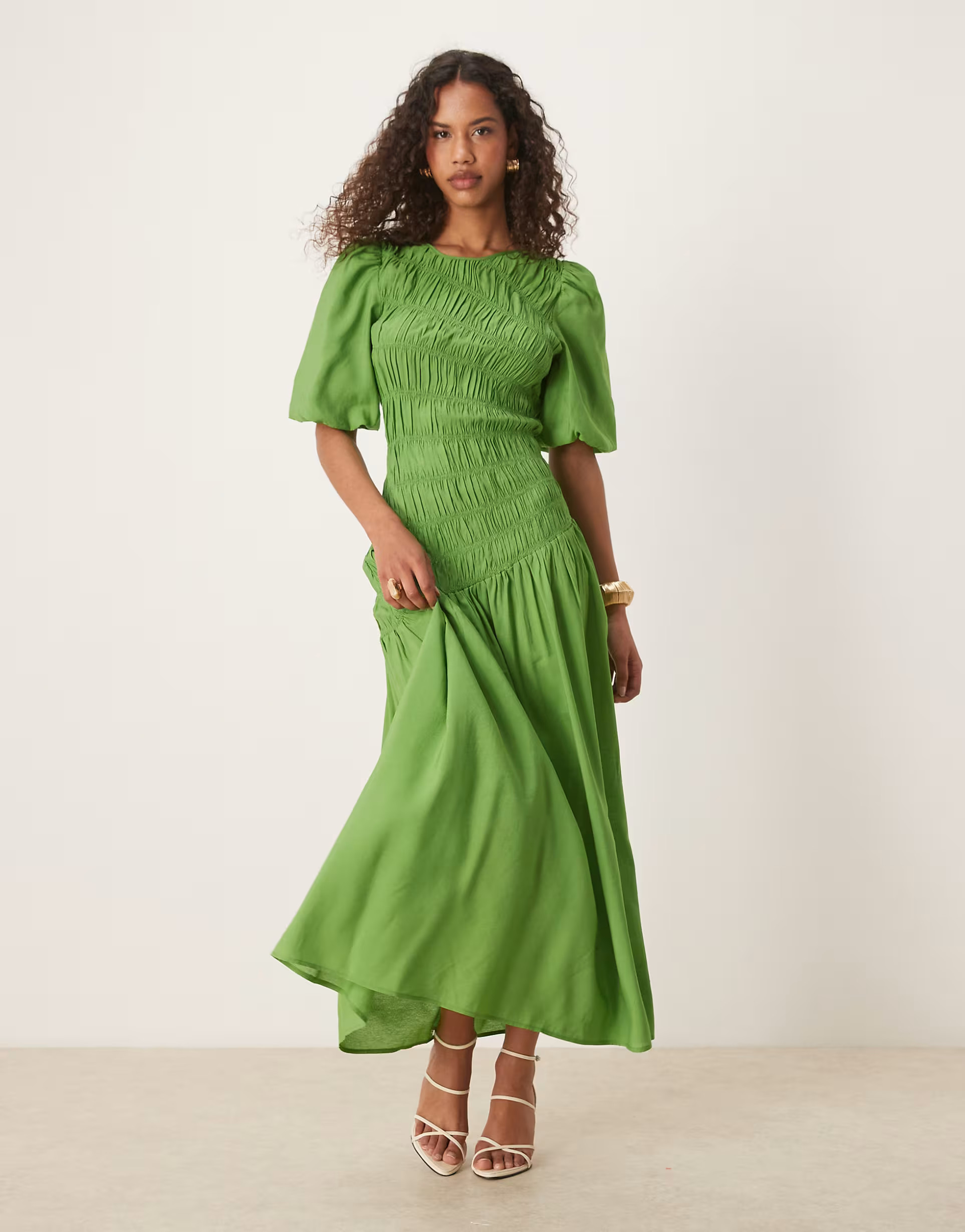 Never Fully Dressed shirred midaxi dress in green | ASOS (Global)