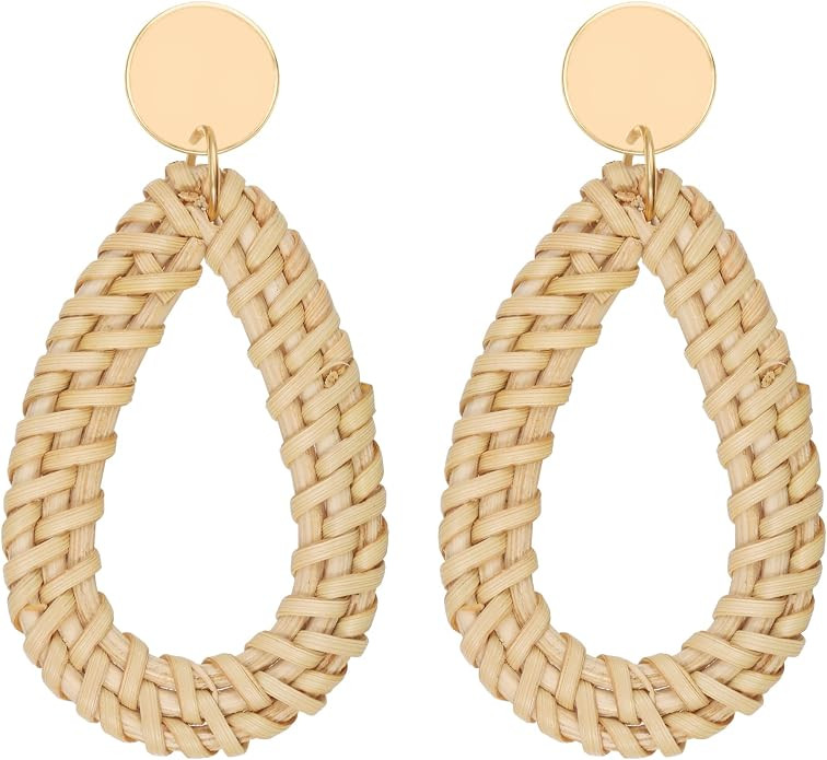 Rattan Dangle Earrings for Women, Boho Statement Handmade Unique Summer Tropical Straw Wicker Loo... | Amazon (US)