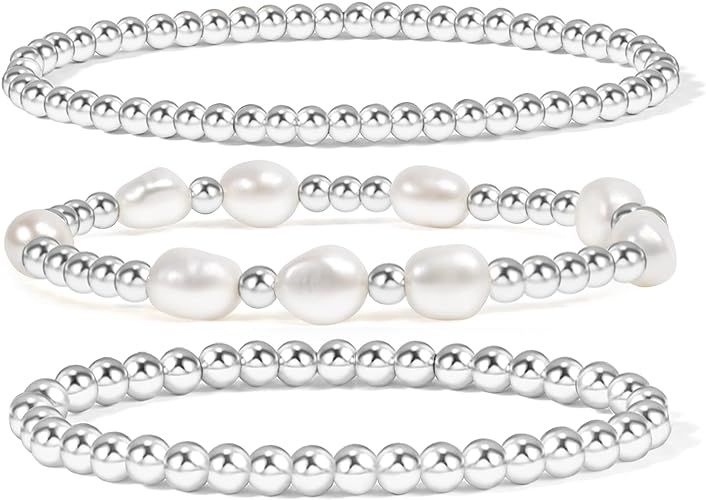 Gold Beaded Bracelets for Women Baroque Pearl Stackable14K Gold Plated Stretch Bead Ball Bracelet... | Amazon (US)