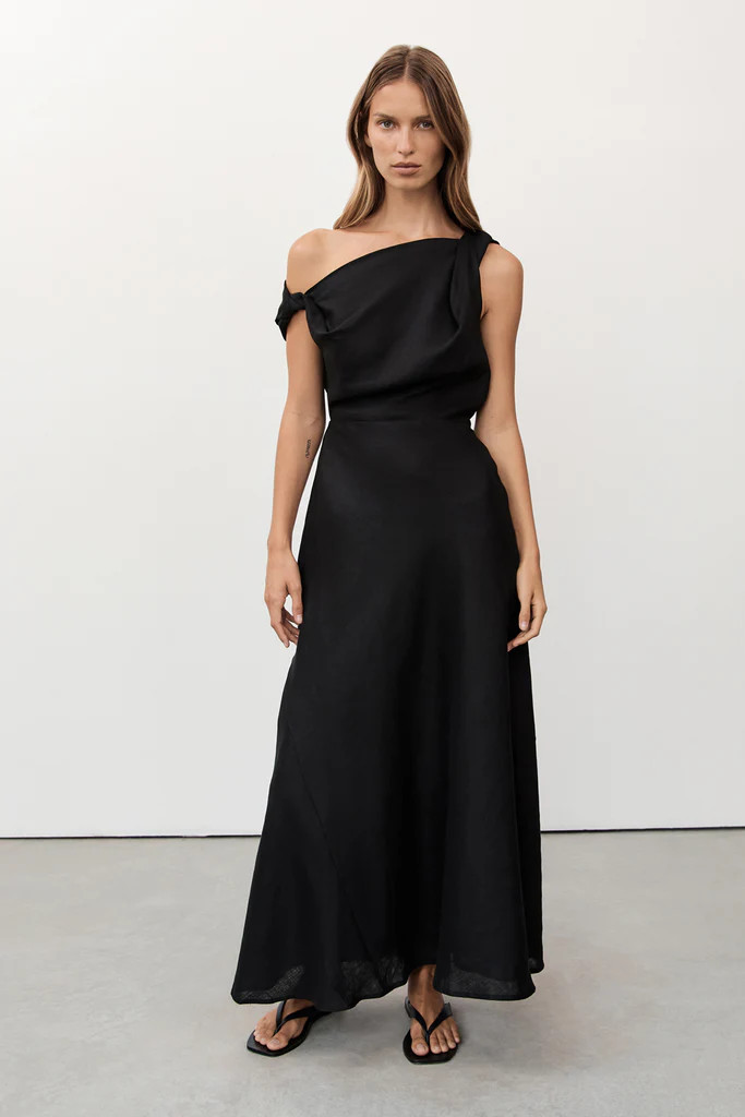 JOELLE BLACK LINEN MIDI DRESS | DISSH