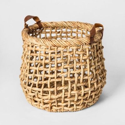 13.8" x 11.8" Decorative Water Hyacinth Basket with Leather Handles Natural - Threshold™ | Target