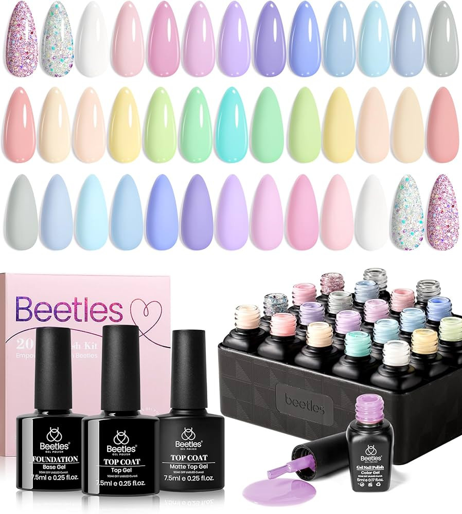 beetles Gel Polish 23Pcs Pastel Nail Set with 3Pcs Glossy & Matte Top Coat and Base Coat, Yellow ... | Amazon (US)