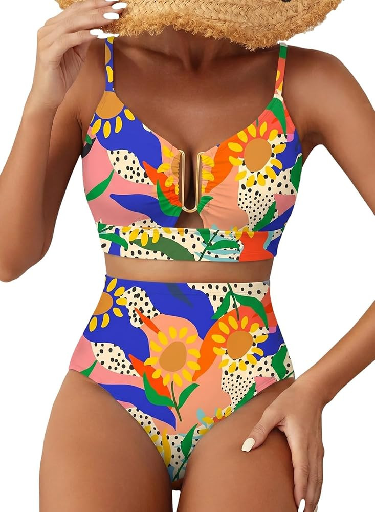 Womens 2 Piece High Waisted U Wire Bikini Set Floral Print Swimsuit Crisscross Back Bathing Suit ... | Amazon (US)