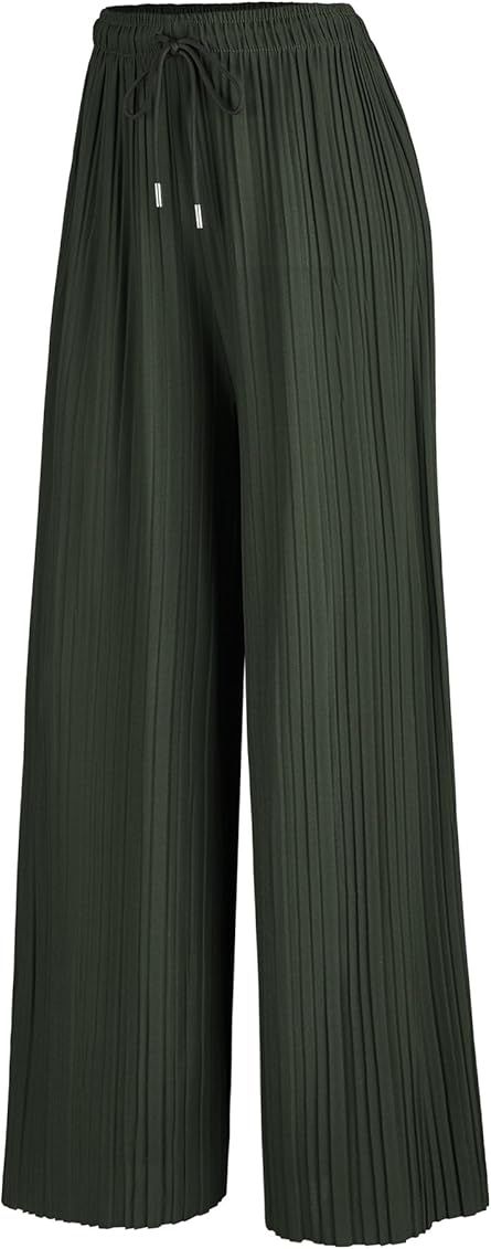 Lock and Love Women's Ankle/Maxi Pleated Wide Leg Palazzo Pants with Drawstring/Elastic Band | Amazon (US)