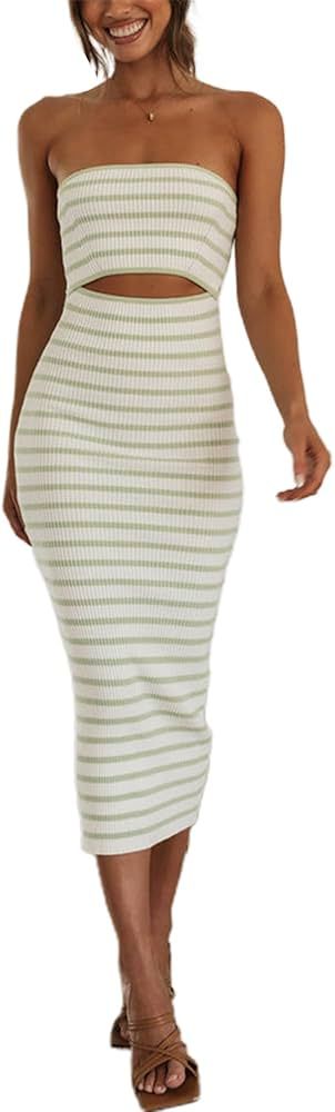 NUFIWI Women Summer Strapless Knitted Long Dress Off Shoulder Striped Cutout Midi Dress Bodycon B... | Amazon (US)