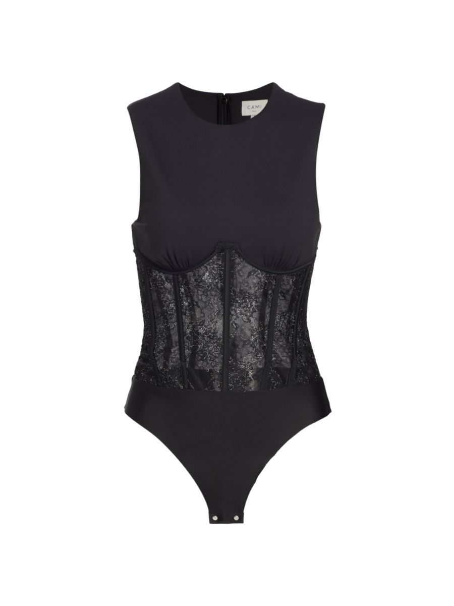 Yazia Semi-Sheer Lace-Trim Bodysuit | Saks Fifth Avenue