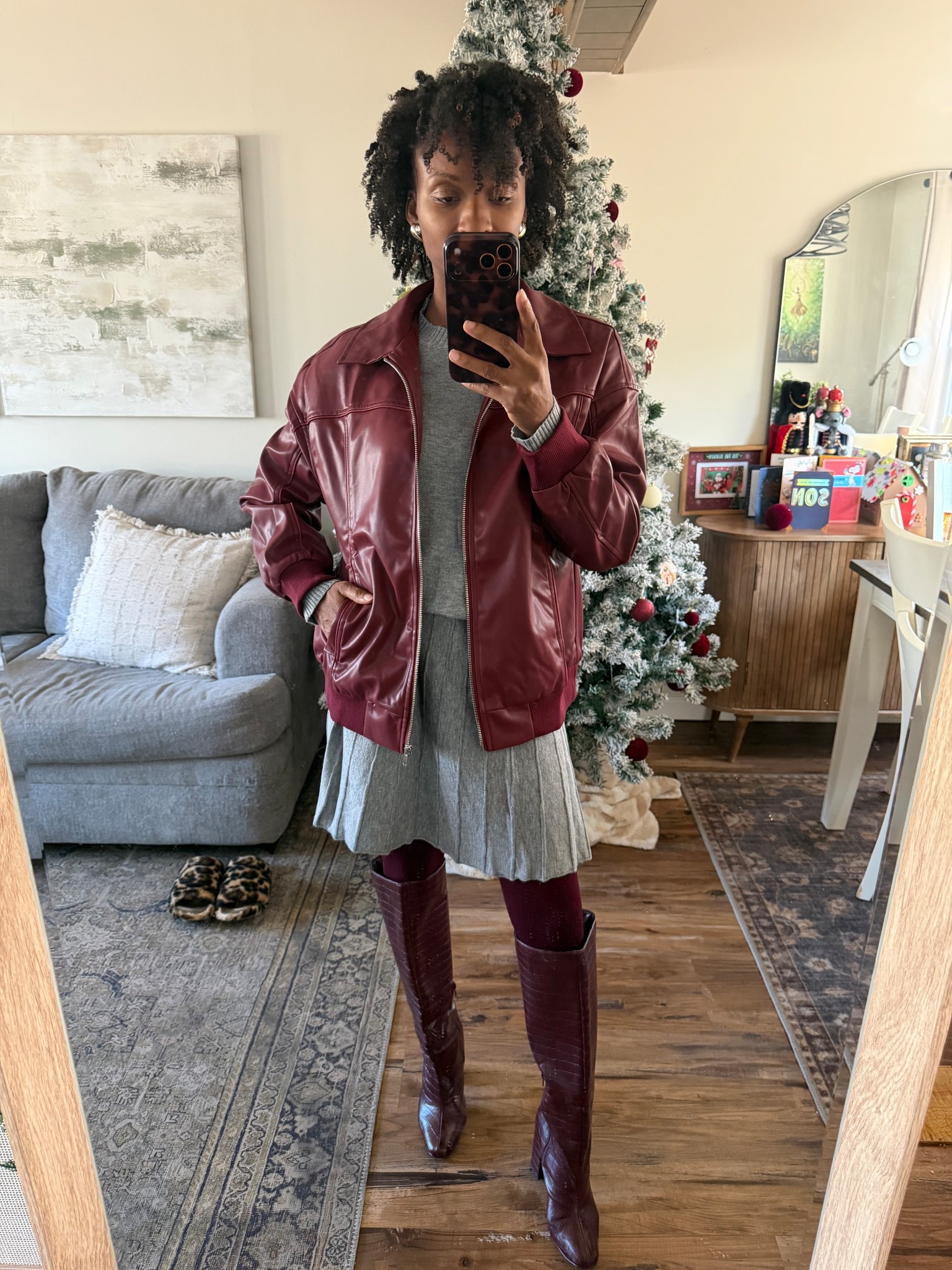 Under $40 faux leather bomber jacket.  Runs slightly large

#LTKootd