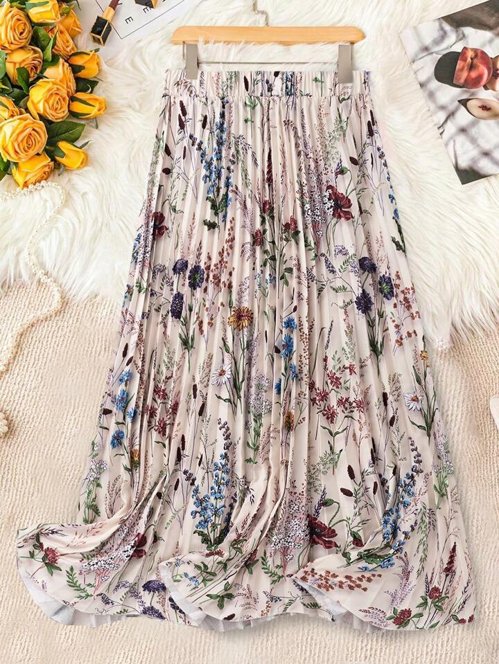 Breezaya Floral Printed Elastic Waist Pleated Skirt Maxi Women Outfit | SHEIN