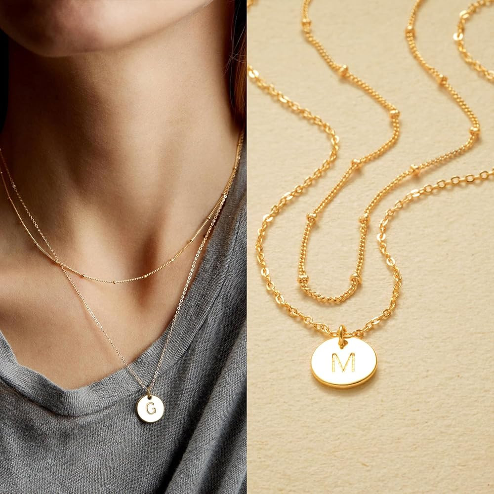Women 14K Gold Layered Initial Necklaces Satellite Chain Choker Disc Letter A-Z Coin Pendant Simp... | Amazon (US)