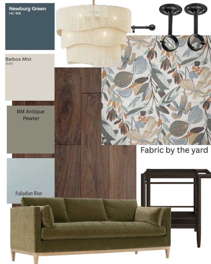 Dramatic hardwood floors and velvet green sofa. Lend the way to this casual or formal mood. It's up to you how you dress your room.

Benjamin Moore Newburg Green, Balboa Mist, Antique Pewter, Palladian Blue. 

#amazonmusthaves #amazondeals
#wayfair #perigold #fabricbytheyard #designertips #designerinspo #humandesigner #invitinginteriors #flooring #couch #barcart #drapery #curtains #colourpalette #moodboard #virturaldesigner #designcoach 

 #LTKsale #LTKmodest #LTKstyletip