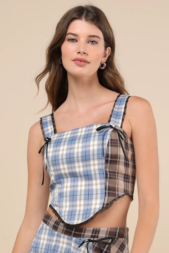 Plaid to Have It Blue and Brown Plaid Patchwork Lace Bustier Top | Lulus