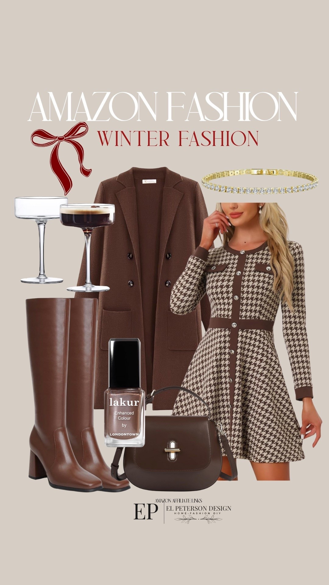 Amazon Fashion 
Jacket dress
Nail polish 
Knee high boots
Purse
Martini glasses
Bracelet 