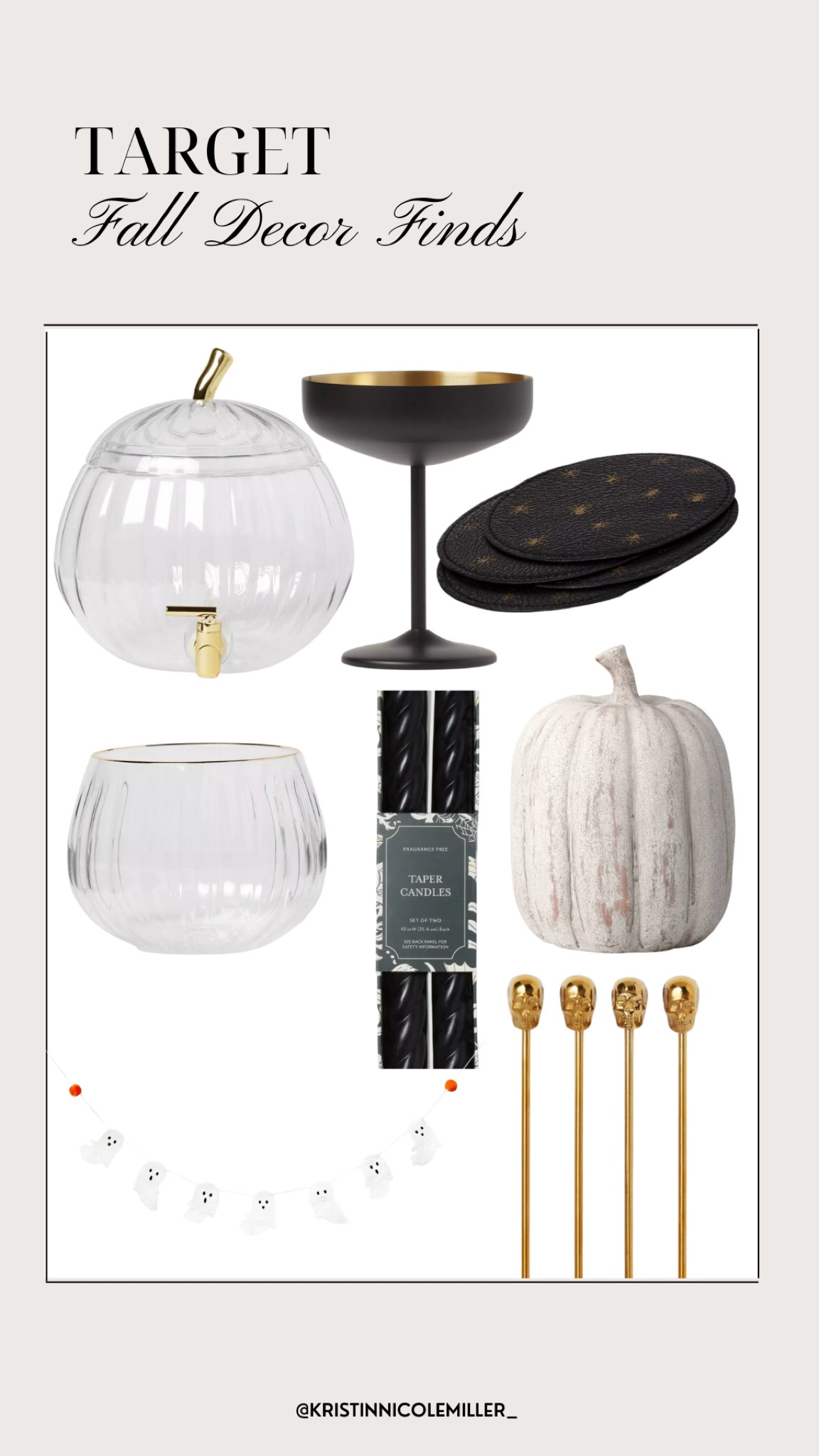 Target fall decor finds, drink dispenser, coupe glasses, coasters, punch cups, candlesticks, ceramic pumpkins, garlands, drink stirrers 

#LTKunder100 #LTKSeasonal #LTKhome