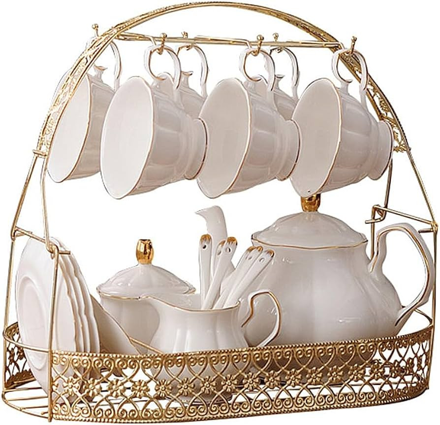 fanquare 15 Pieces Simple White English Ceramic Tea Sets,Tea Pot,Bone China Cups Without Metal Ho... | Amazon (US)