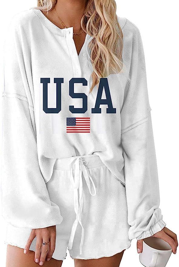 Decogiver Women's Ruffle Hem American Flag Graphic Two Piece Patriotic Pajamas Casual Sets | Amazon (US)
