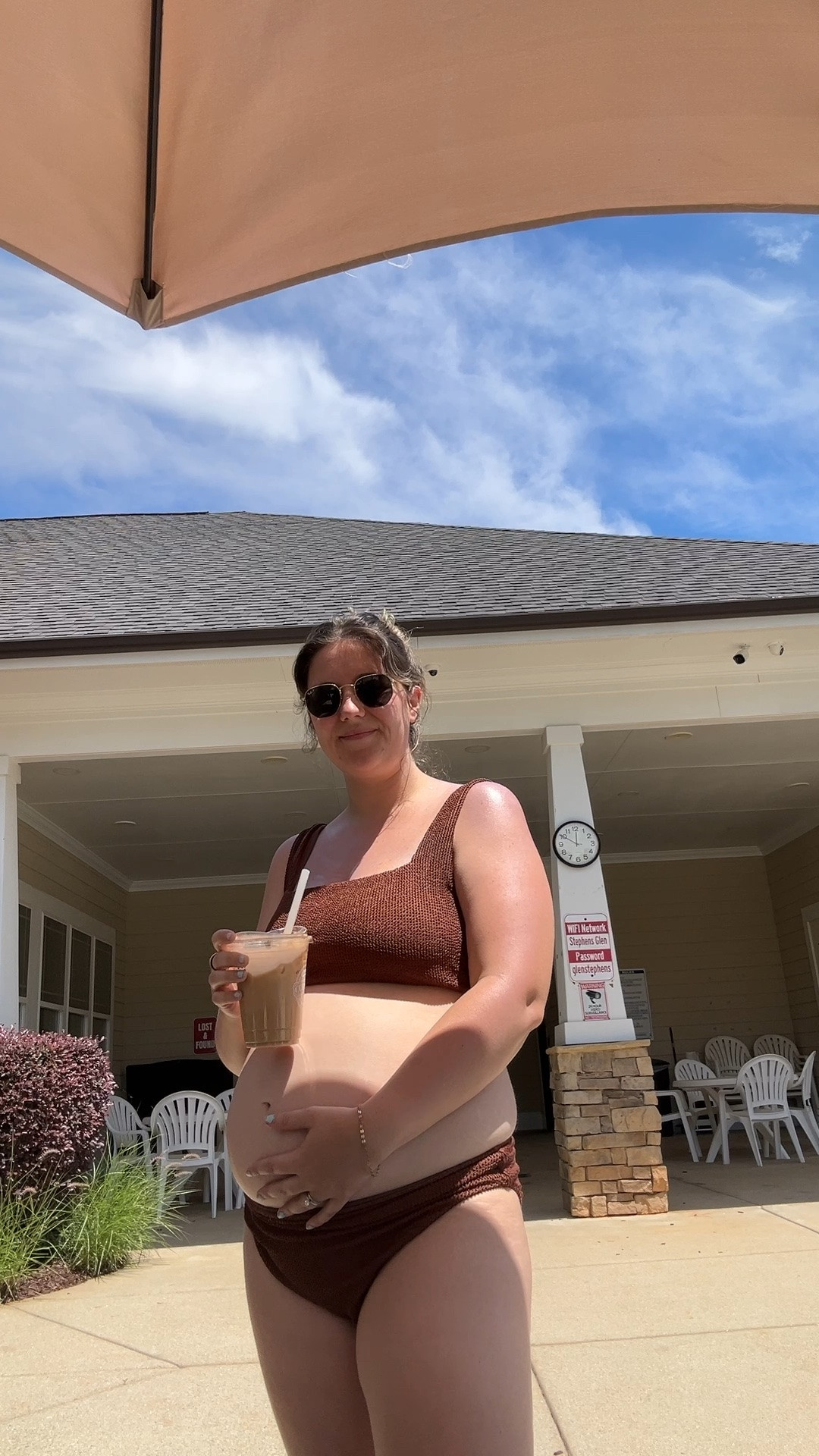 Coffee, baby bump, and my favorite bikini! It’s a good day 🤎 show me your mumu, pregnancy, pool days